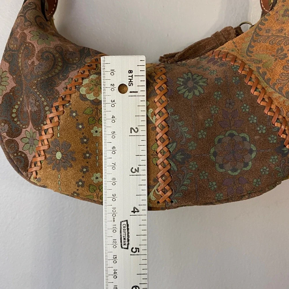 Floral Paisley Patchwork Suede Hobo Bag Tassel Whipstitch Brown Boho Bag